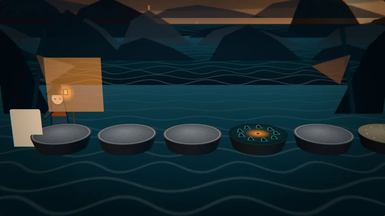 An explorer with a lantern at the left end of a lane of five drifting islands in an ash-grey dusk, an ash crab and a cinder gull on their islands with attack intents above them, a lit powder keg and cards flying up from a satchel.