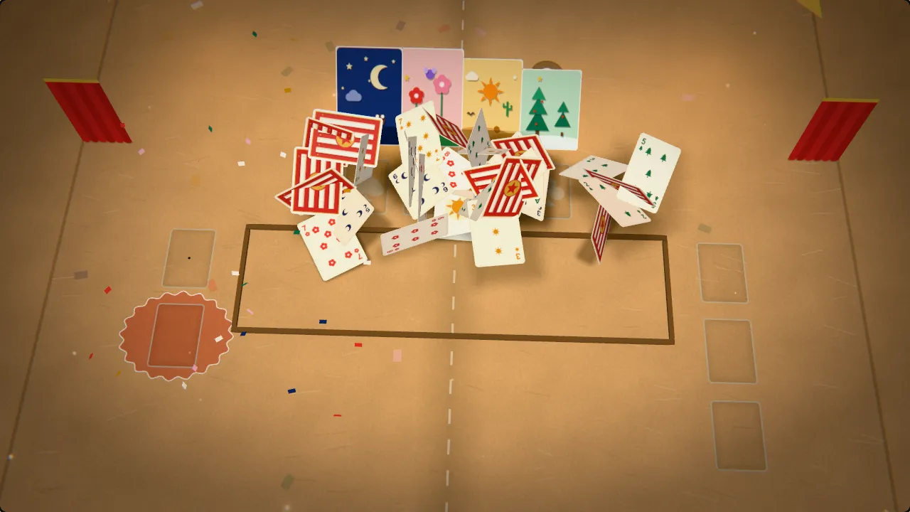 Playing cards rise in a fountain over the kraft pages of a pop-up book as four paper scenes, a night sky, a meadow, a desert sun and a fir wood, stand in full and confetti falls.