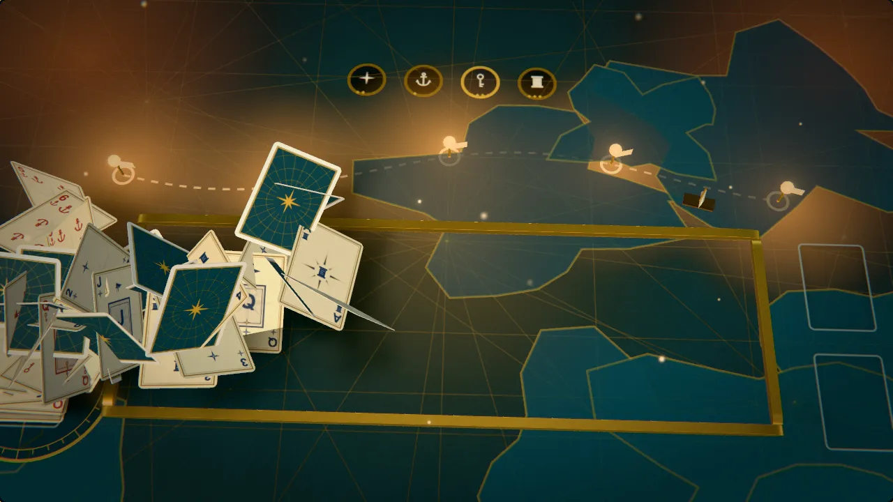 Playing cards rise in a fountain over a dark teal sea chart as a road of five brass waymarks glows above, a small ship at its end.