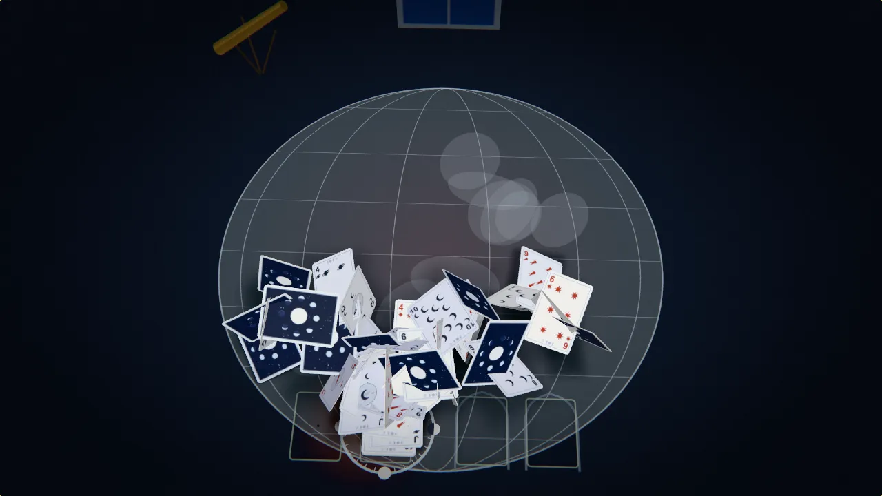 A copper eclipsed moon in a tall pointed chapel window above a pyramid of white playing cards on a slate floor with a silver moon chart.