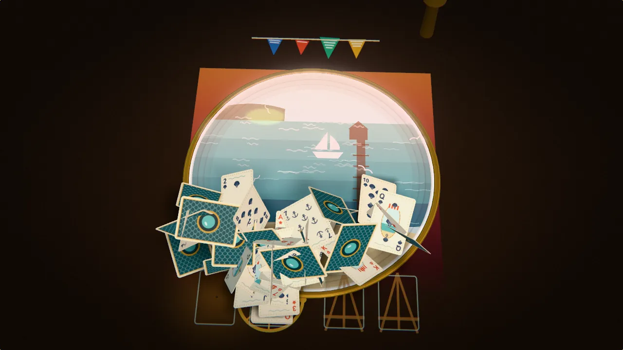Postcard playing cards laid in five jetties on a round white dish where a camera obscura projects the sea, a pier and gulls, warming to a sunset.