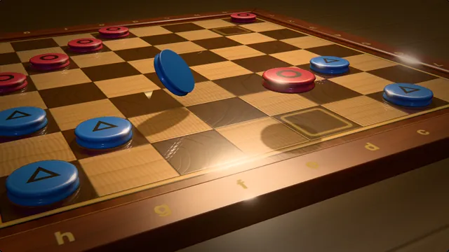 A lacquered checkers board under a warm lamp, a red piece landing on the far row as a blue piece it jumped tumbles through the air.