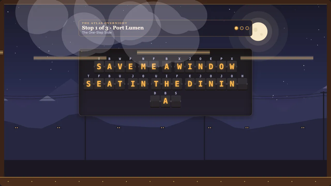Inside a night train’s press car: a black split-flap board of amber letters under a moonlit window, with station lamps streaking past and steam rolling over the glass.