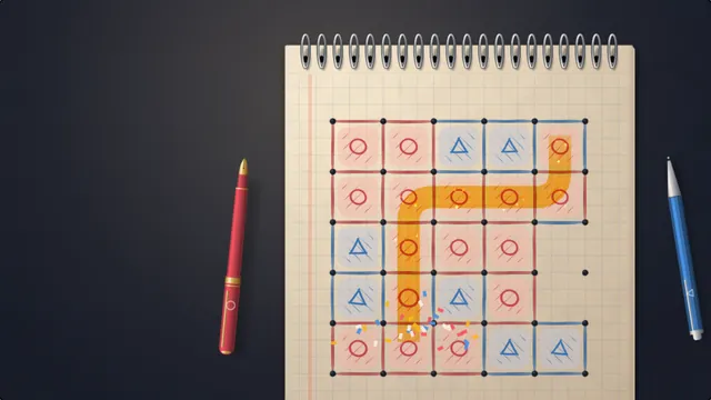Dots joined in red and blue ink on a notebook page, boxes marked with circles and triangles, and a yellow highlighter along a chain of boxes just taken.