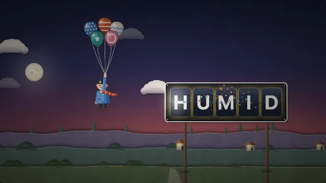 A paper-craft traveller lifted by a bunch of patterned paper balloons over cut-paper hills at dusk, beside a split-flap board whose glowing letters spell a solved word.