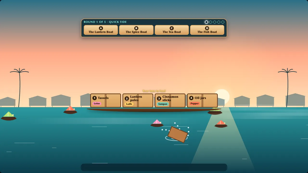At a floating market at dawn, a barge stacked with crates sits on a teal canal as one crate tumbles off in a crown of splash and spreading ripples past small boats with lanterns.