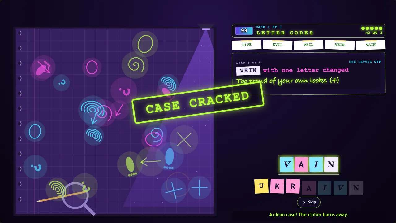 A dark notebook page under an ultraviolet lamp: glowing lime and pink footprints, fingerprints and question marks, a case file written in cipher turning into plain letters, and ransom-note cut-out letters.