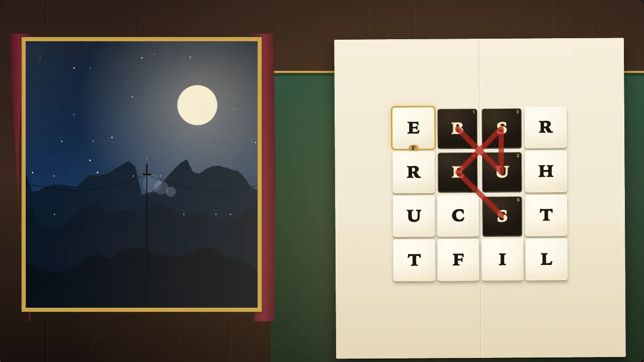 A night-train compartment: a folded puzzle newspaper with a grid of cream letter blocks, one block mid-turn and glowing, a red SOLVED stamp coming down, and moonlit hills sliding past the window.