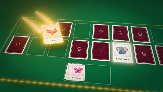 Two matching fox cards lift off green felt as one glowing stack and fly to the pile on gold trails of light, over wine-backed cards.