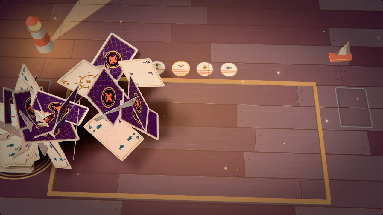 Playing cards rise in a fountain over a plum-coloured pier at dusk as a striped lighthouse throws its beam across the planks, with a toy sailboat rocking.