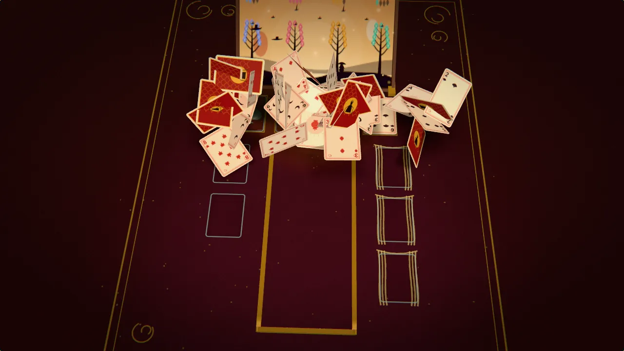 A lit paper screen with four shadow trees in coloured blossom and a flight of shadow birds, above rows of playing cards on a red lacquer table.