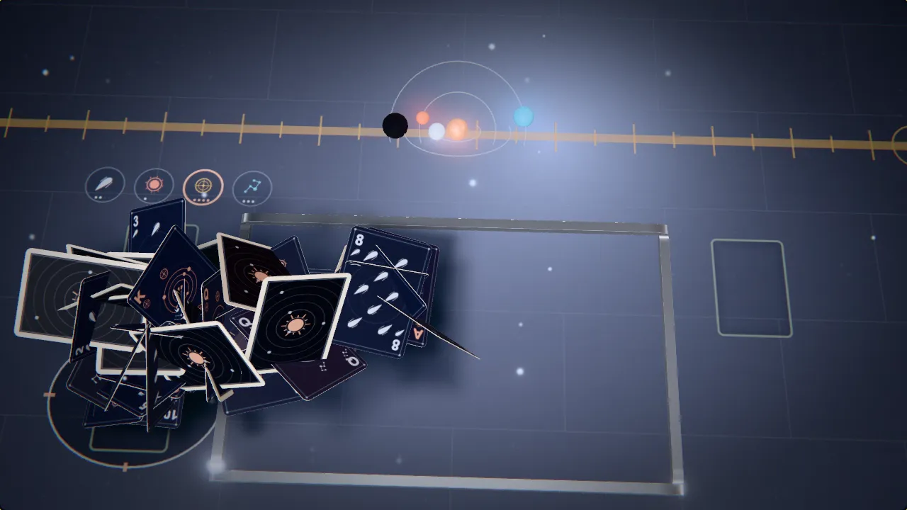 Playing cards rise in a fountain over black slate as a dark moon crosses the rose-gold sun of a small brass orrery in a chapel observatory.