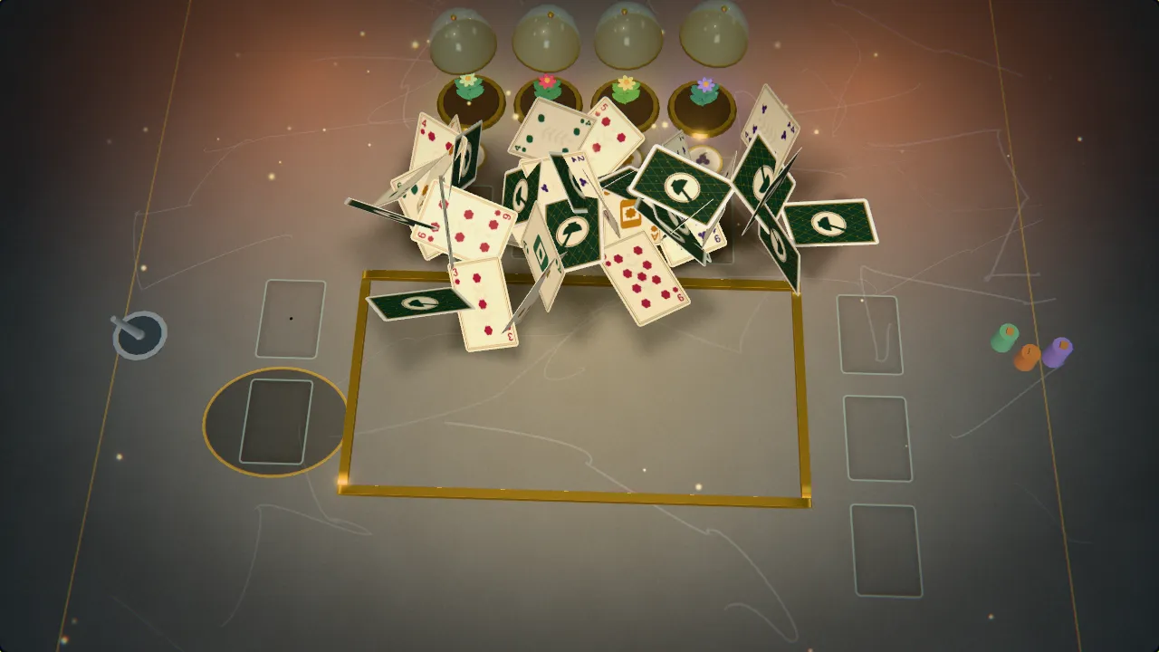 Playing cards rise in a fountain over a grey marble counter as four glass cloches lift off herbs in full flower, with a mortar and pestle at the edge.