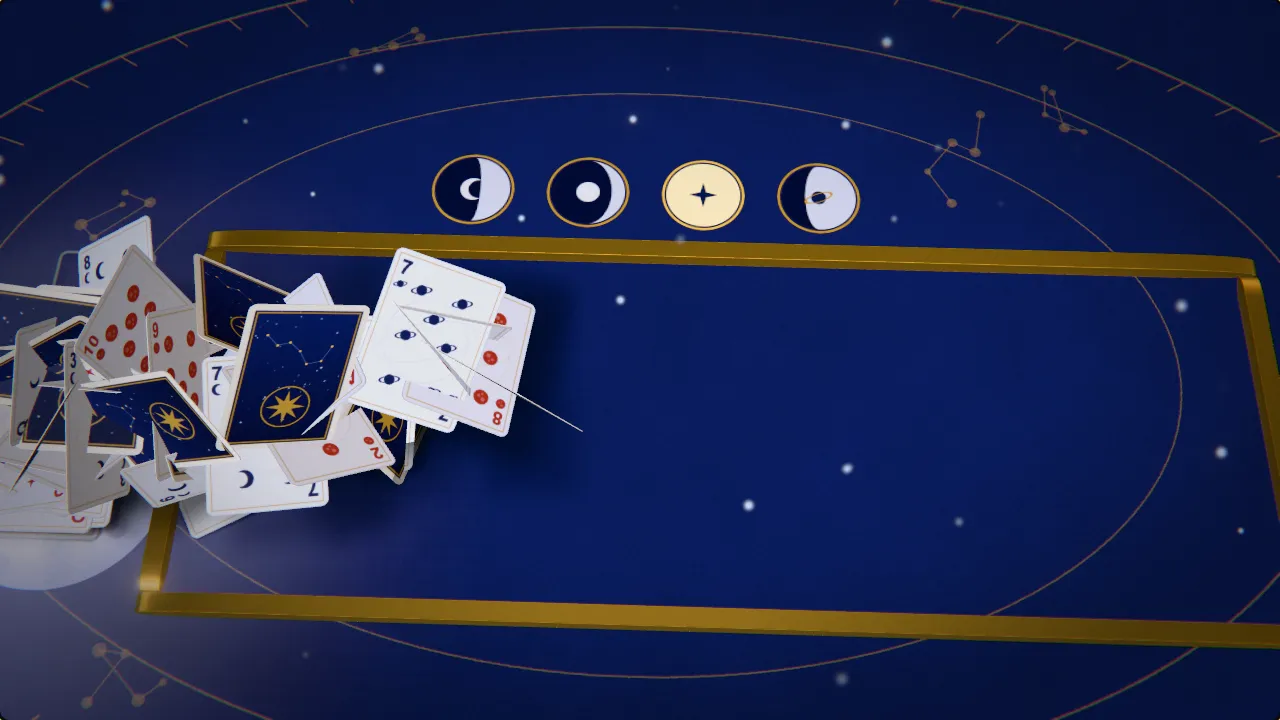 Playing cards rise in a fountain over a navy star table under the glow of a rising moon.