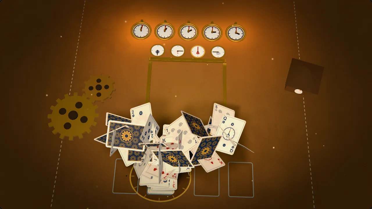 Playing cards rise in a fountain over a tan leather workbench lit by amber lamps, with five pocket watches at twelve and brass gears.