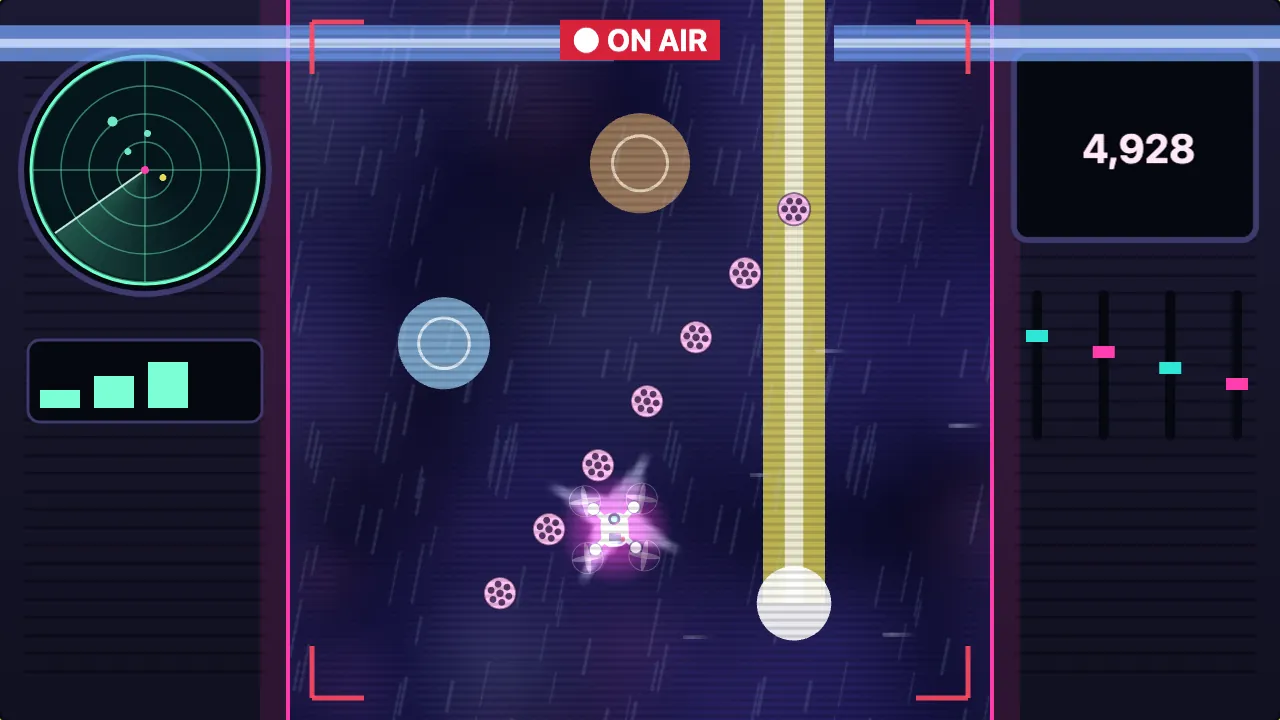 A news drone with four blurred rotors flies up through a night thunderstorm with a red ON AIR tag and corner brackets, film reels in an arc ahead of it, a yellow lightning column and ice-blue hail beside it, rain slanting across the glowing cloud tops.