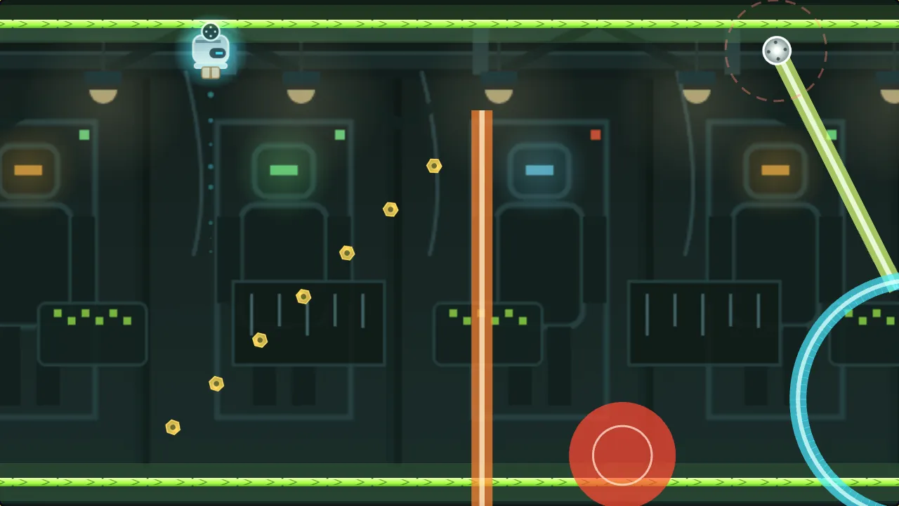 A courier bot mid-flip between two glowing lime rails in a robot repair bay, a trail of cyan light behind it, an orange gate, a sparking plate and a welding arm ahead while dormant robots sleep in their cradles.