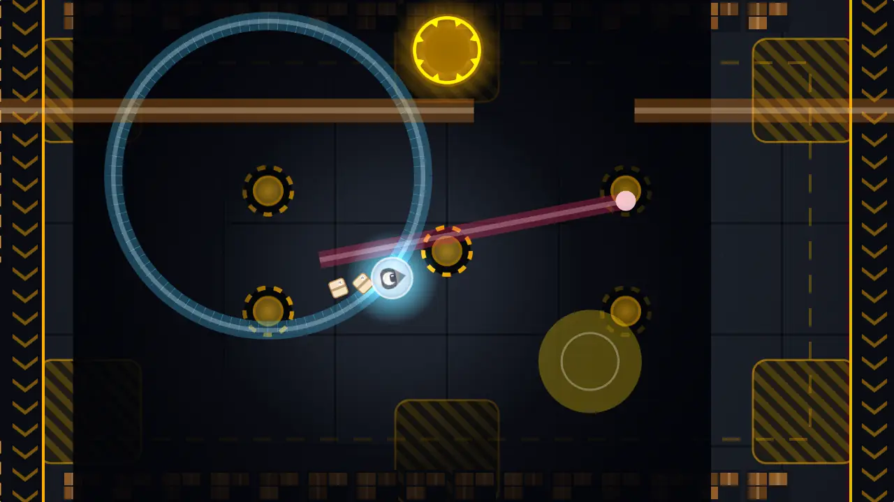 A courier on a glowing hover pad carries a stack of parcels through a pitch-black parcel depot, a red sweeper beam and an orange forklift wall lit only by their own neon outlines, a cyan shockwave ring behind.