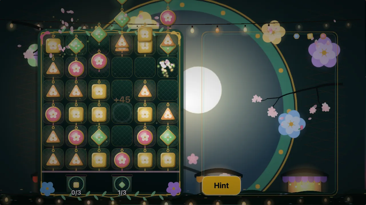 A walled blossom garden at night with a round moon gate, strings of warm market lights, and a board of glowing enamel flower charms in six colours.