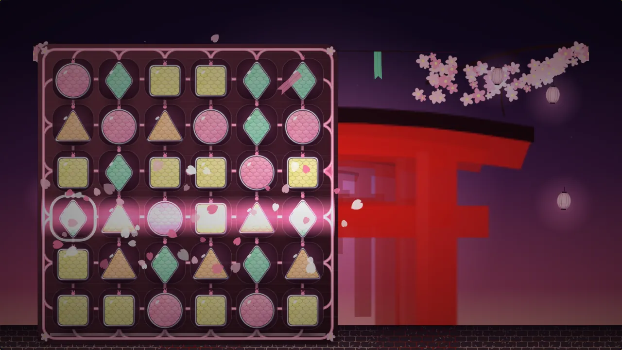 Pearl-scale charms on a plum-wood tray under cherry boughs, a pink ribbon running along a row and a gust of petals, with red gates down a lantern-lit lane.