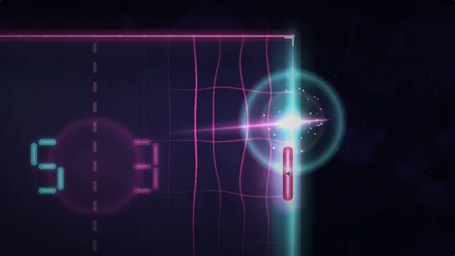 A white-hot ball trailing a magenta ribbon crosses a glowing goal line on a neon court of dark glass, a shockwave ring spreading from where it crossed.