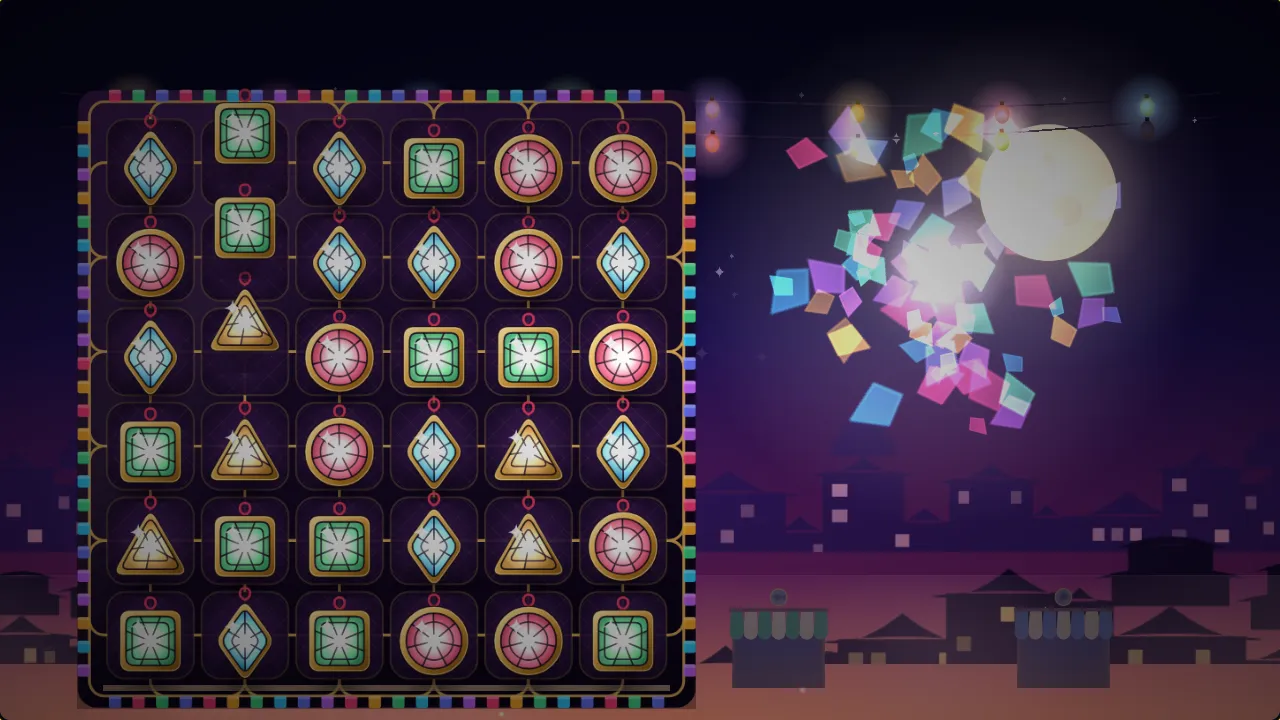 A night market of stained-glass charms in brass frames on a lacquer counter, strings of bulbs overhead, and a paper lantern bursting into coloured glass above the stalls.