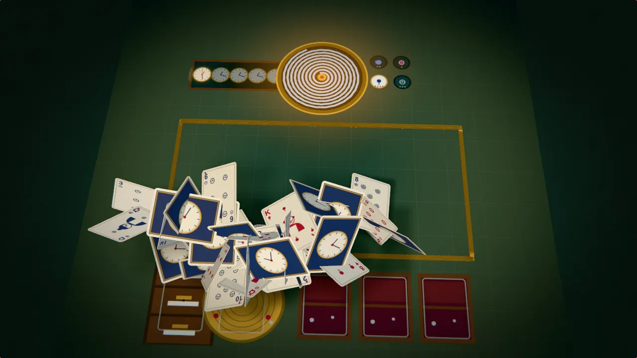 Playing cards rise over green baize as a coiled mainspring barrel spins under a lamp beside a rack of five running pocket watches and brass sparks above a round movement plate.