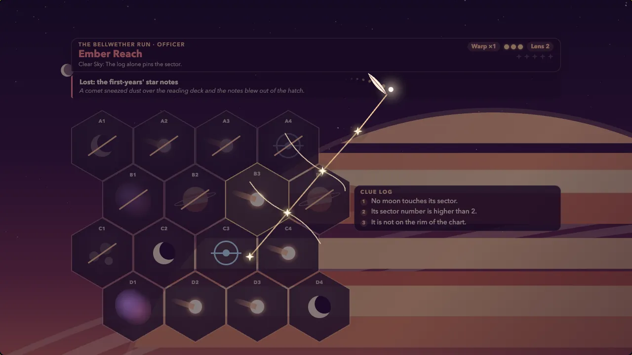 Over a glowing hexagonal star chart, a comet quill inks the last star of a feather-shaped constellation as a ringed coral gas giant rises at dusk.