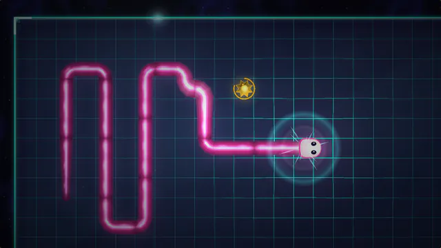 A magenta neon serpent with a white-hot head curving across a dark glass grid past a golden prism, a shockwave ring and splinters of light spreading from its last bite.