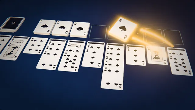 A finished run of spades lifts off midnight-blue felt as a glowing stack and flies home on gold trails of light, above ten fanned columns.
