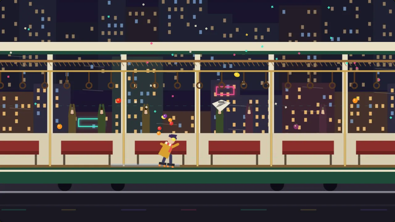 Inside a cream and green night tram, a busker in a mustard coat skates down the aisle juggling seven pieces of fruit while the passengers stand and clap under gold lights, a newspaper flying past and a rainy neon city outside the windows.