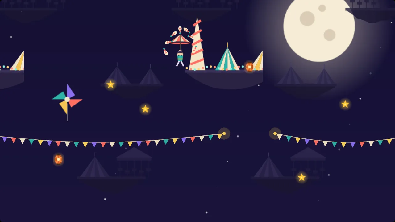 A juggler floats down through a night sky under a coral and cream striped parasol, her clubs flying up in a fountain, fireworks bursting over a garland of pennants and floating islands with circus tents under a full moon.