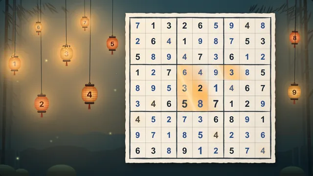 Nine paper lanterns glow over a dusk garden beside a solved sudoku on handmade paper.