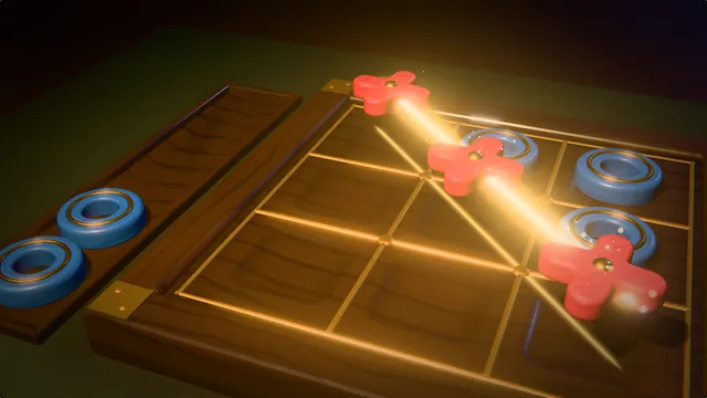 A walnut tic-tac-toe board under a warm lamp: three red crosses lifted along the diagonal on a line of brass light, blue rings beside them.