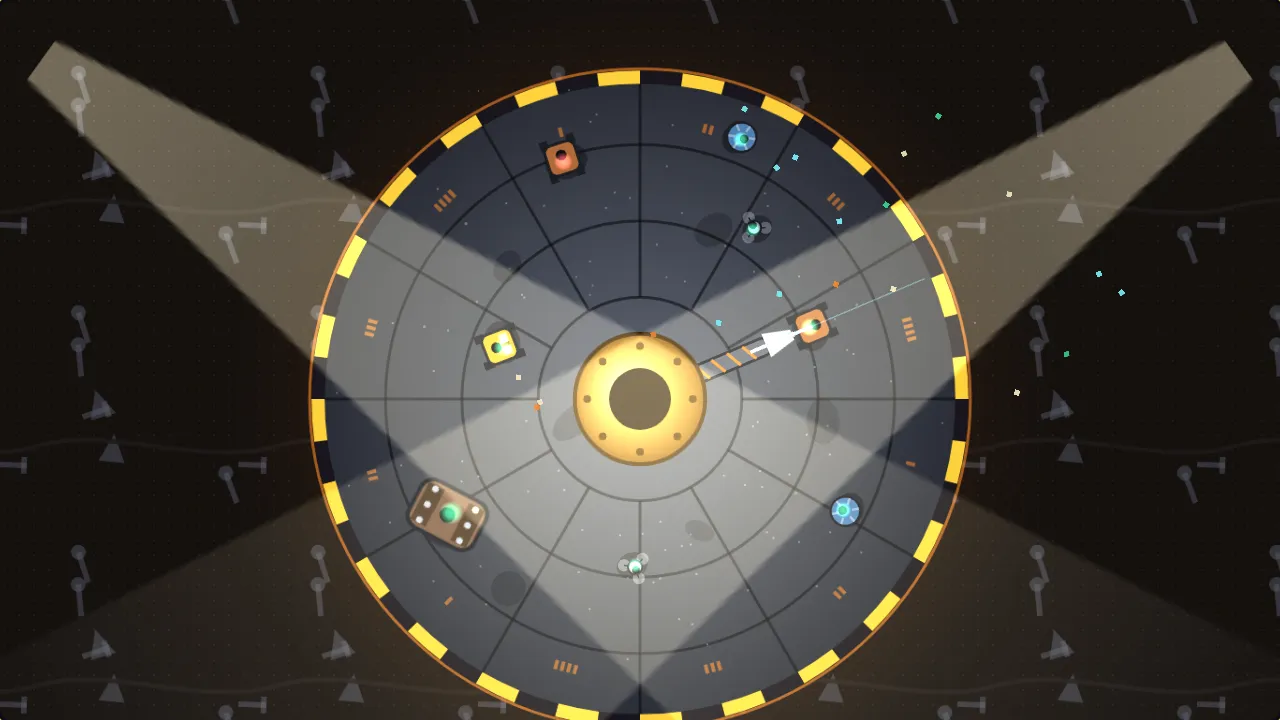 A round robot repair pit seen from above: a brass hub swings its repair arm while walkers, rollers and drones blink green under sweeping floodlights.