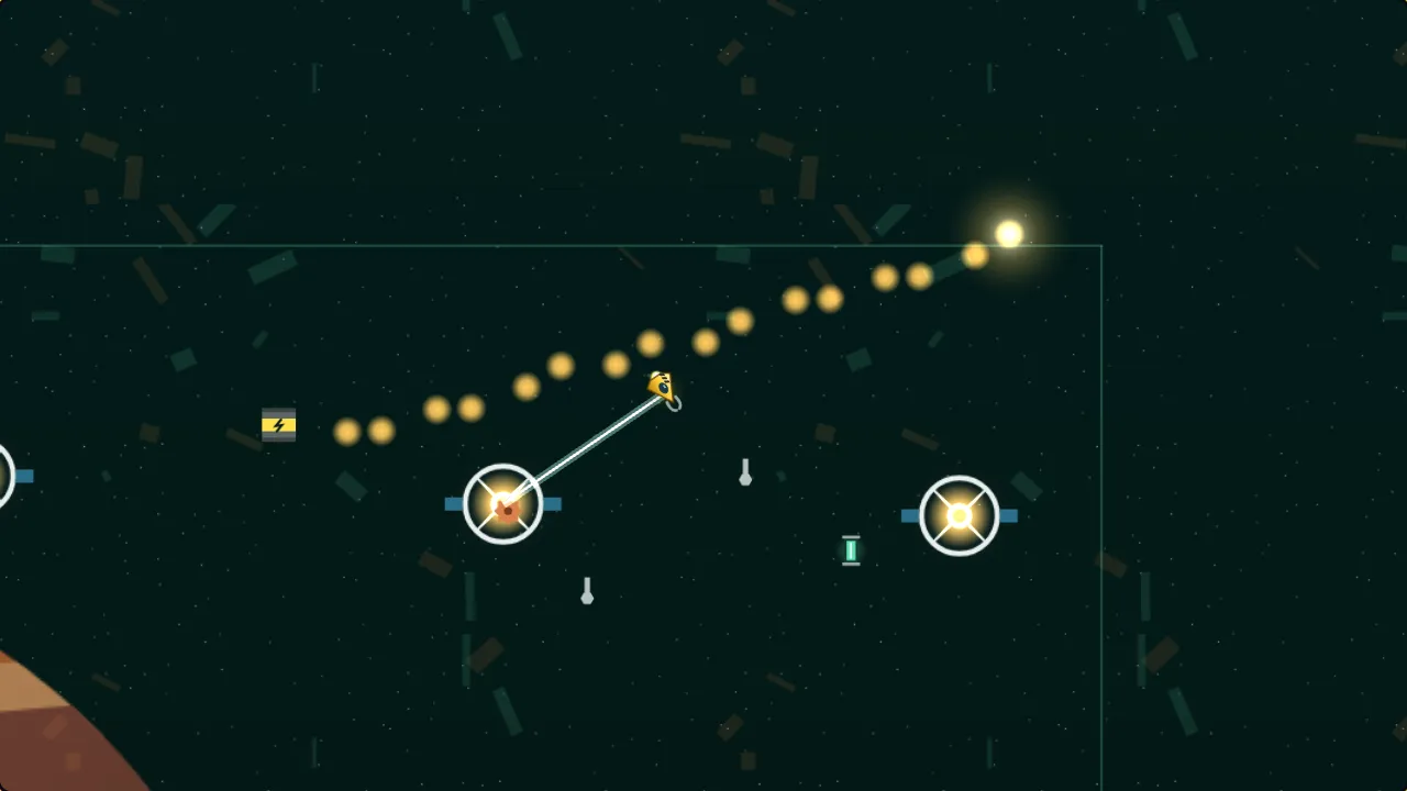 A small yellow salvage skiff swings round a signal post on a glowing line while a burning comet of scrap streaks across a green space yard above a copper planet.