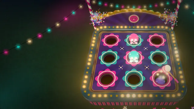 A painted fairground whack-a-mole board at night with felt moles popping from flower-ringed burrows.