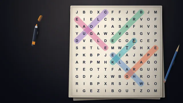 Highlighter strokes in six inks cross a lamp-lit word search sheet on a dark desk, an uncapped highlighter and a pencil beside it.
