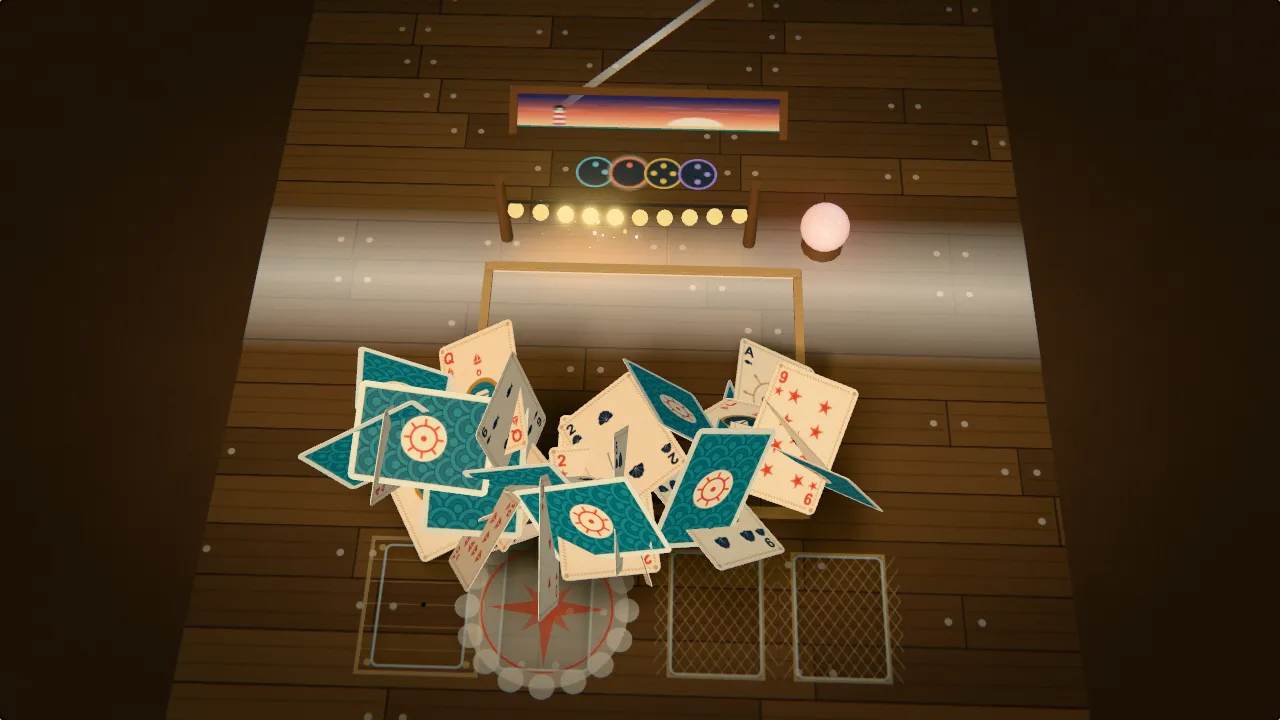 Playing cards rise in a fountain over weathered pier planks under a string of glowing bulbs, with a dusk sea and a lighthouse beam in the shop window behind them.