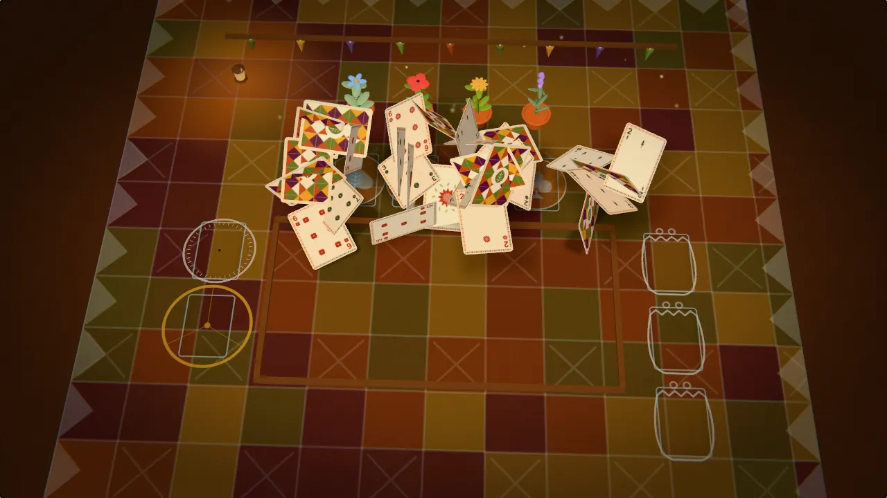Playing cards rise over a patchwork quilt below four clay pots where sage, a poppy, a marigold and lavender are in flower, with a flaring lantern and bundles of herbs hanging above.