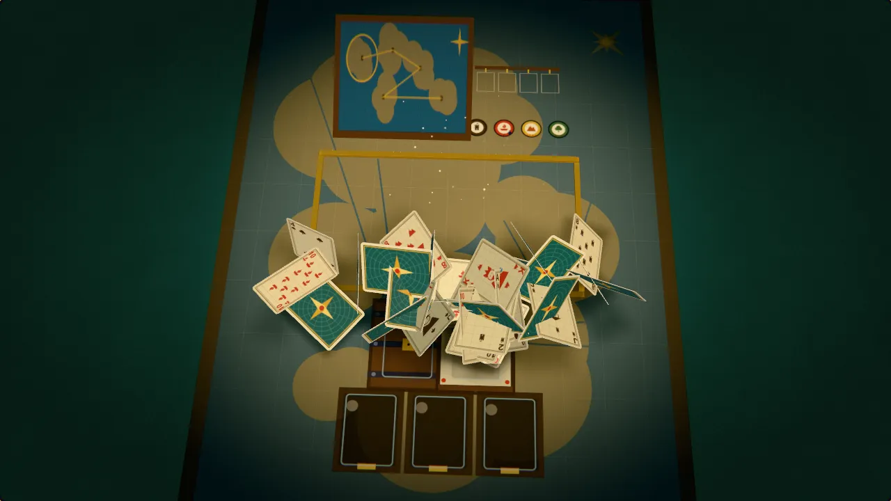 Old map-sheet playing cards rise over a painted map table as a woven wall map of five coloured provinces is inked with gold roads beside a rack of instruments.