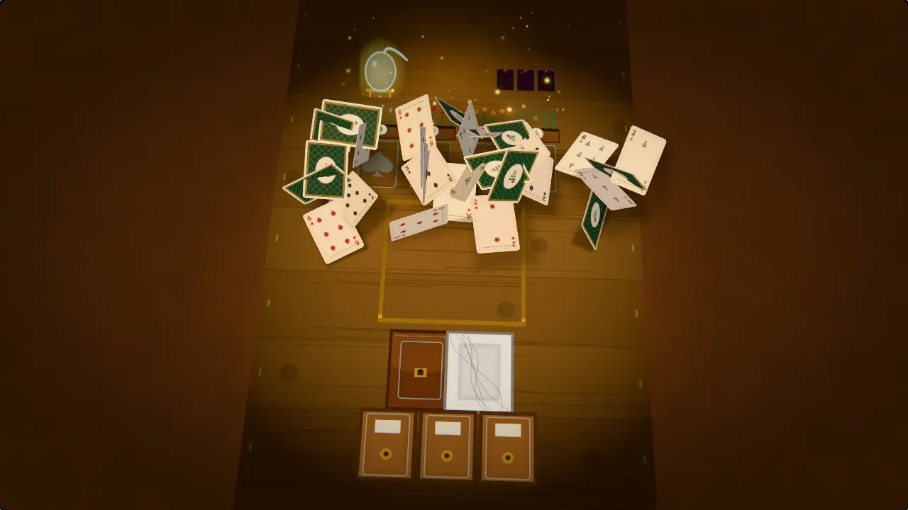 Herb-label playing cards rise over an oak wagon counter as a glass alembic glows gold above four planters of sage, rose hips, marigold and mint, with fireflies rising.